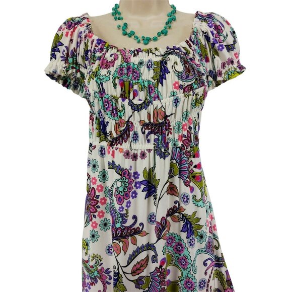 Size 10 PAISLEY-FLORAL PRINT RUCHED DRESS Spring Summer Wedding Party Church - Picture 2 of 3